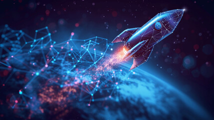 business startup growth with rocket concept cyberspace