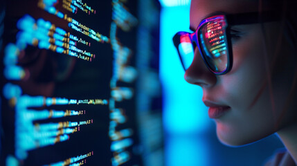 a close up progammer woman looking monitor 