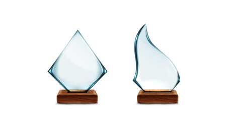 Wall Mural - glass and crystal trophy award on wooden stand. realistic vector set of blank transparent prize plat