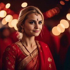 A caucasian woman with blond hair dressed as a bride in red saree.
