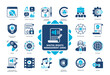 Digital Rights Management (DRM) icon set. Intellectual Property, Encryption, Music, Digital Content, Game, Access, Control, Licensing Agreement. Duotone color solid icons