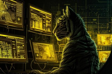 a tiger is working on several computer screens in a dark room. Nerd is coding, do not disturb. Generative AI