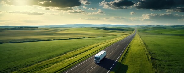 Wall Mural - Truck driving on asphalt road along green landscape. Generative ai