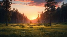 Sunset Forest And Field. Generative AI