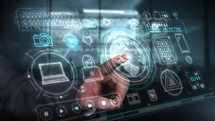 Wall Mural - virtual holographic panel with internet communication infographics.
