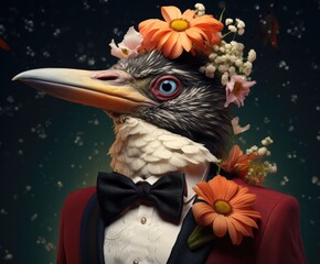 The bird flaunts a jazzy style, adorned with vibrant flowers.