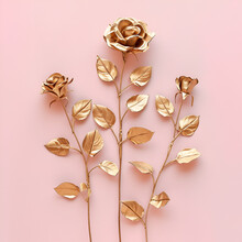 Romantic Roses Of Gold Leaves On Soft Pink Background, Made Of Cardboard,