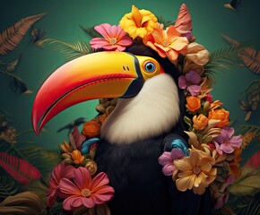 The bird flaunts a jazzy style, adorned with vibrant flowers.