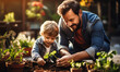 Father and Son Bonding Over Gardening Activities in Sunlit Home Garden, Teaching Kid Plant Care, Family Enjoying Outdoor Hobby Together