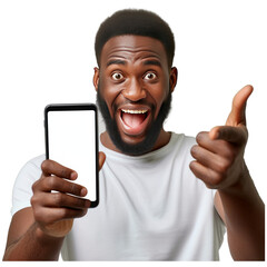 Sticker - Portrait of excited black guy holding big smartphone with white blank screen in hand