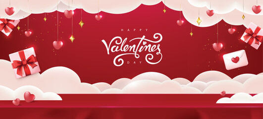 Wall Mural - happy valentine's day banner background with gift box and heart on stage