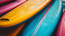 Stacked Colorful Kayaks With Water Droplets