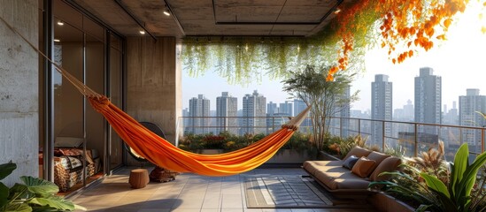 Poster - Sunny Shanghai rooftop features hammock on terrace.