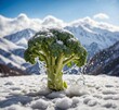 Broccoli in the snow on the background of snow-capped mountains