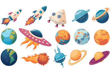Aufkleber - Earth, alien planets, rocket, ufo spaceship and meteor cartoon set of shuttle, satellite, flying saucer, meteorite with fire and unusual planets