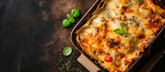 Sticker - Top view of a traditional Italian lasagna with veggies, minced meat, and cheese, with copy space.