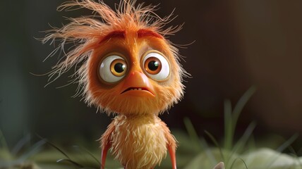 an artificial intelligence image of a cute bird who is disheveled and has big eyes