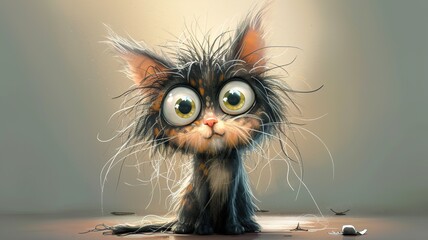 Wall Mural - an artificial intelligence image of a cute cat who is disheveled and has big eyes