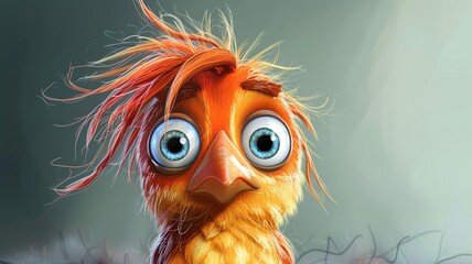 an artificial intelligence image of a cute bird who is disheveled and has big eyes