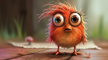 an artificial intelligence image of a cute bird who is disheveled and has big eyes