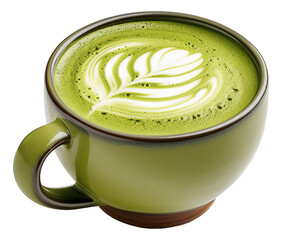 Hot Green tea latte with Tulip shaped latte art milk foam on white saucer in Green Cup  illustration PNG element cut out transparent isolated on white background ,PNG file ,artwork graphic design.