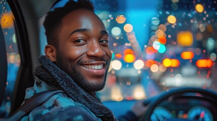 an uber driver smiling and looking back