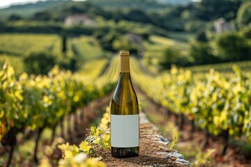 A bottle of white wine standing on the ground against the background of a vineyard in sunlight