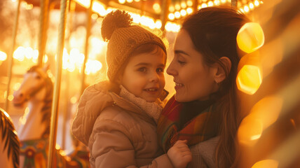 Wall Mural - A caring mother and her daughter are having fun on an attraction.