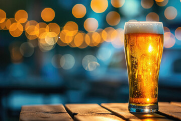 Glass pint of cold draft light lager or dark ale brewed beer with foam on table background. Brewery or pub bar advertising. Oktoberfest festival alcohol beverage or Saint Patricks day drink concept .