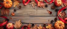 Thanksgiving Table Setup With Autumn Leaves, Ribbon On Wooden Background