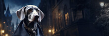 Smart Weimaraner Dog Detective In A Raincoat And Cap In Old City 1860 At Night. Animal In Clothers