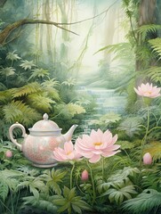 Wall Mural - Tranquil Tea Garden Scenes: Watercolor Landscape with Delicate Drops