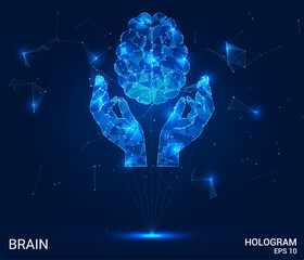 Wall Mural - a hologram of the brain in the palms of your hands. the brain is in the hands of polygons, triangles