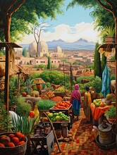 Vibrant Marrakech Market Scene: Meadow Painting Of Rural Moroccan Trades