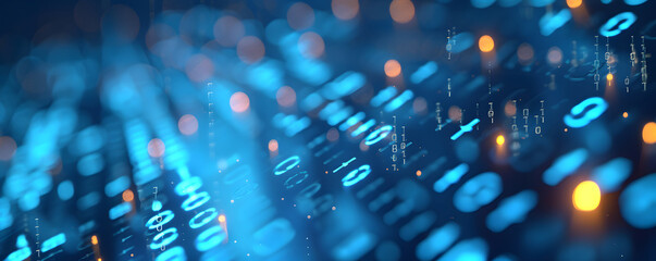 Binary data over a blue background with blurry pixels, featuring a bokeh effect. The illustration showcases blue digital binary code on a computer screen, creating a technological and abstract visual.