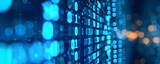 Fototapeta Konie - Binary data over a blue background with blurry pixels, featuring a bokeh effect. The illustration showcases blue digital binary code on a computer screen, creating a technological and abstract visual.