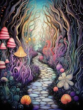 Whimsical Mermaid Sketches: Seashell Lined Pathway Painting