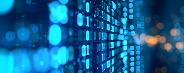 Binary data over a blue background with blurry pixels, featuring a bokeh effect. The illustration showcases blue digital binary code on a computer screen, creating a technological and abstract visual.