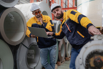 Wall Mural - Industrial engineer in safety helmet uniform jacket working in heavy steel engineering factory. Technician manager worker inspector using laptop in metalwork product manufacturing facility workplace