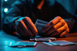 Close-up of hands skillfully handling playing cards, with a moody, dimly lit ambiance.