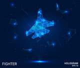 Fototapeta Sport - A hologram fighter. A military aircraft made of polygons, triangles of dots and lines. Fighter low-poly compound structure. Technology concept vector.