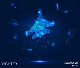 Wall Mural - A hologram fighter. A military aircraft made of polygons, triangles of dots and lines. Fighter low-poly compound structure. Technology concept vector.