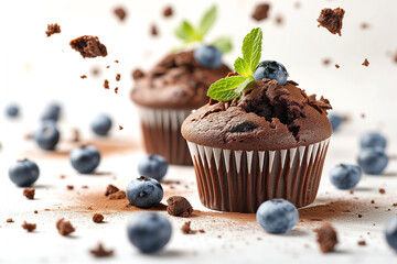 Fresh baked two flying chocolate muffins with blueberry