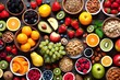 healthy food for vegan lunch, Superfoods, top view, Vegetables and fruits for health.