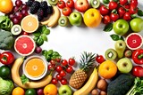 Fototapeta Przestrzenne - healthy food for vegan lunch, Superfoods, top view image of vegetables and fruits for health with copy space for text.