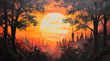 A Painting Of A Sunset Over A City Is Inspired By An Artist, Created In Oil Painting.