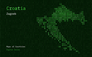 Croatia Map Shown in Binary Code Pattern. TSMC. Green Matrix numbers, zero, one. World Countries Vector Maps. Digital Series