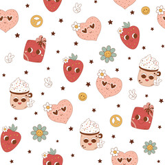 Wall Mural - Pink groovy romantic seamless pattern. 1970 retro characters - with eyes, heart, strawberry, smiling cup coffee. Hippie Valentines day repeat background. Vector seventies cool wallpaper, fabric, print