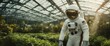 Astronaut circulating in a vegetation greenhouse.