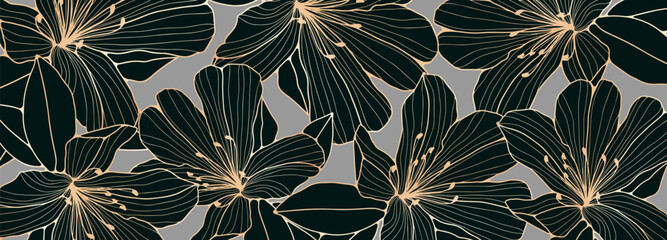 Wall Mural - Luxurious floral vector design with golden outlines of azalea flowers.